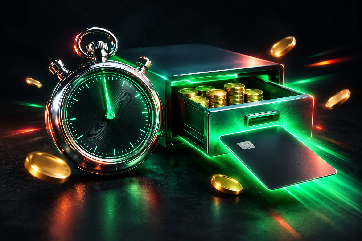 A stopwatch beside a stack of coins and a debit card sliding out of a glowing cash drawer