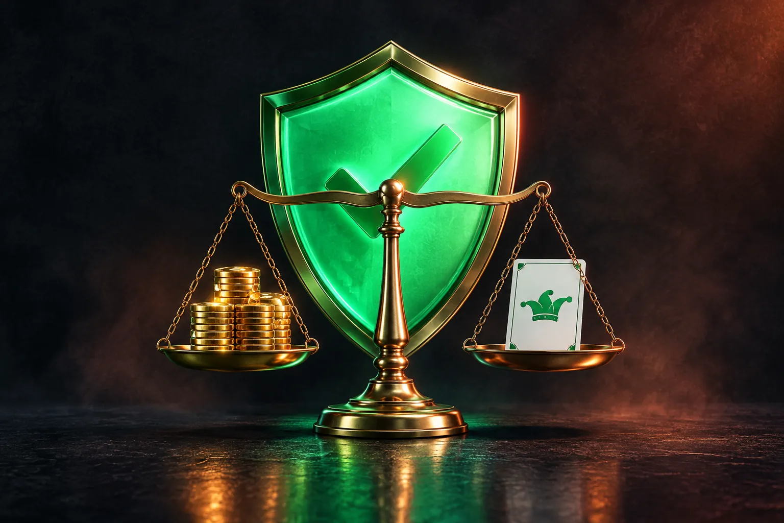 A green shield and a set of brass scales balancing gold coins against a joker card