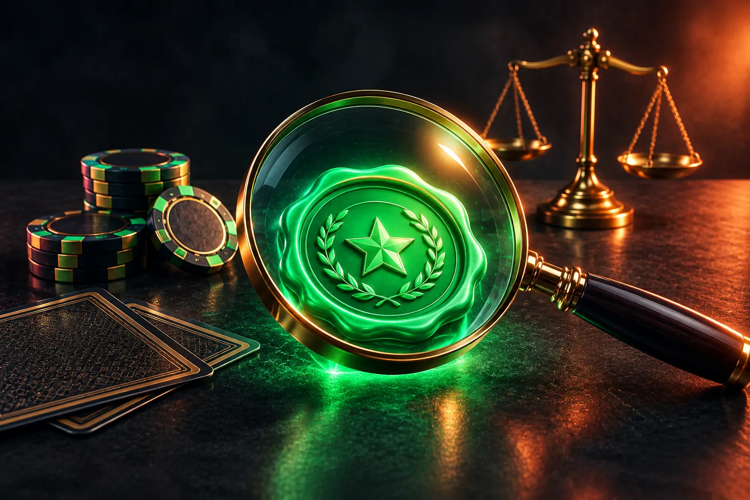 A magnifying glass over a licence seal and a row of casino chips on a dark desk